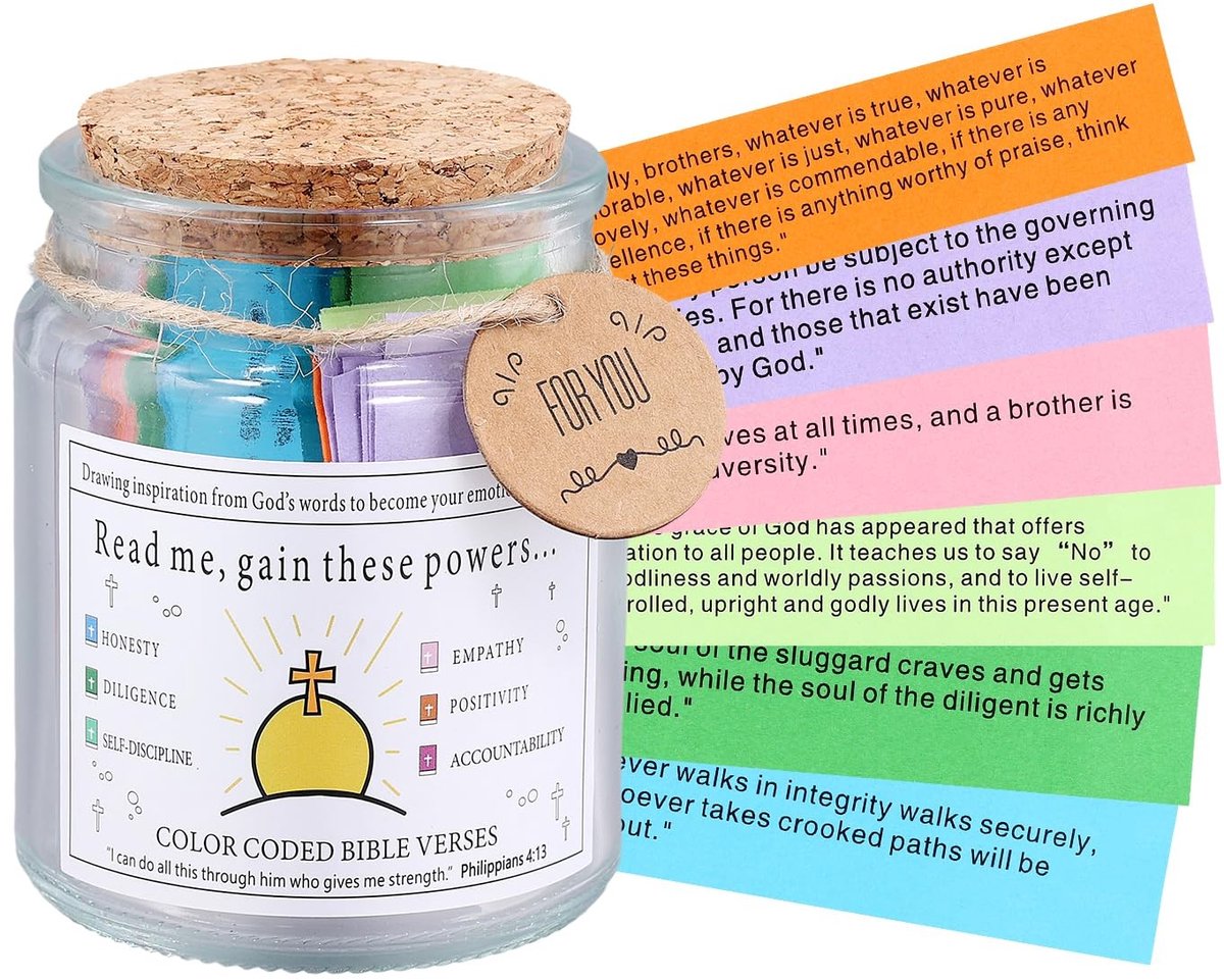 Dailygoods- Bijbelverspot Kleurgecodeerd - 90 Kleurrijke Bijbelkaarten - Religieus Afstudeercadeau - Emoties/Gevoelens - Glas/Papier - 9x7cm - Zegeningenpot
