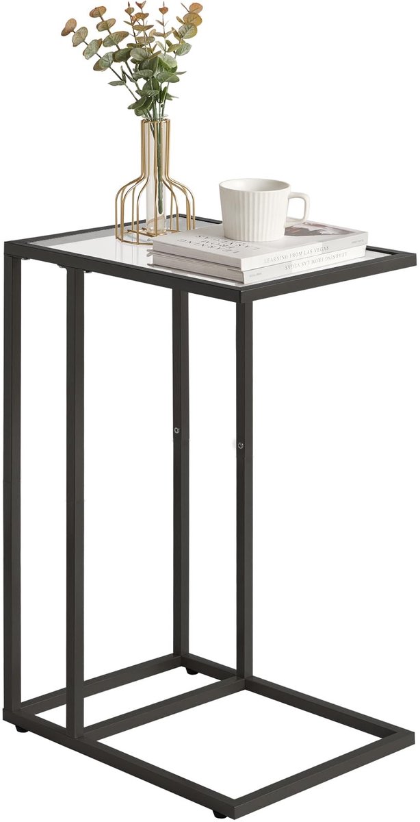 JHUBERS- Bijzettafel C-vormig - Snacktafel met gehard glas - Smalle Banktafel - Zwart - 40 × 30 × 63 cm - Duurzaam Metalen Frame - Salontafel