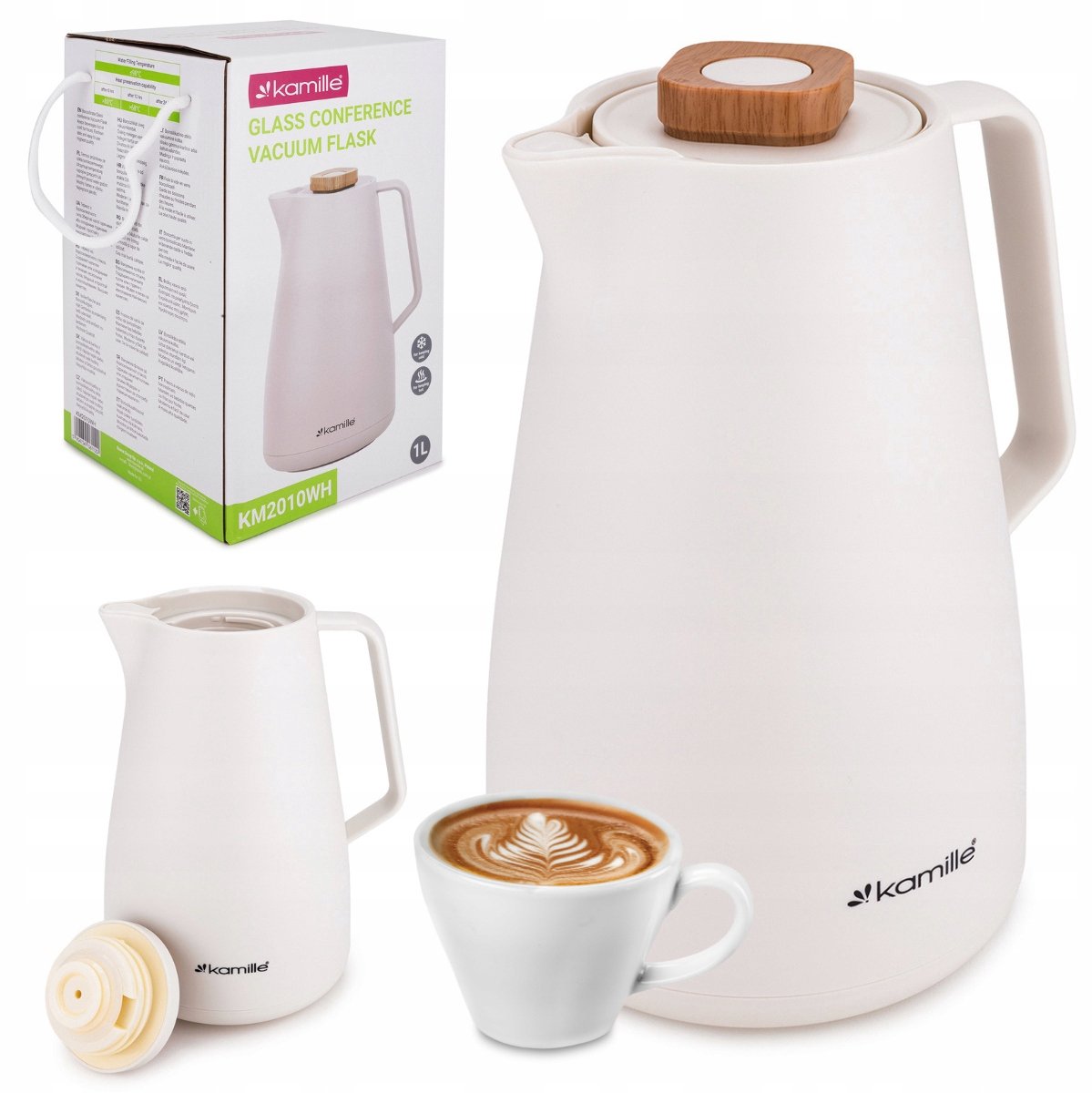 Kamille Thermoskan 1L Wit - Dubbelwandig Glas, 12-16 Uur Warm/Koud
