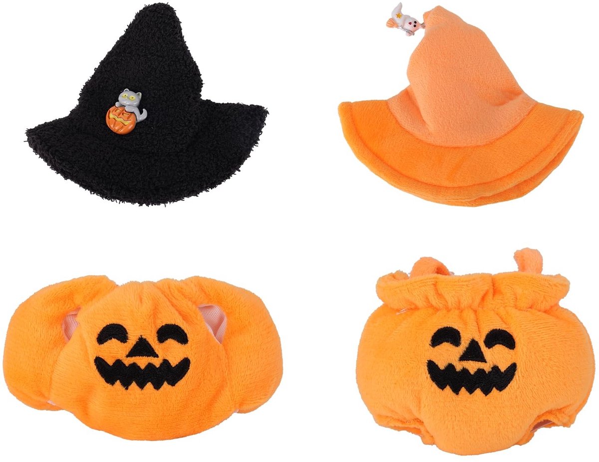 JHUBERS- Halloween-Pompoenoutfit 4st - Heksenhoed - Poppenkleding - Feestdecoraties - Zwart/Oranje - Premium Stof