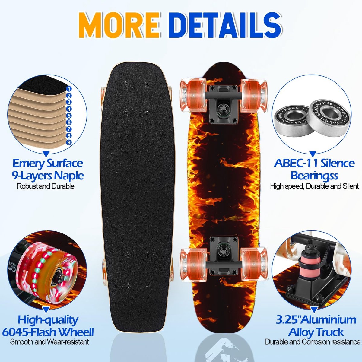 JHUBERS- Skateboard 9-laags esdoorn - Knipperende Wielen - Antislip Oppervlak - Slijtvast - Draagvermogen tot 100kg - Inclusief Schroevendraaier - Skateboard Voor Beginners