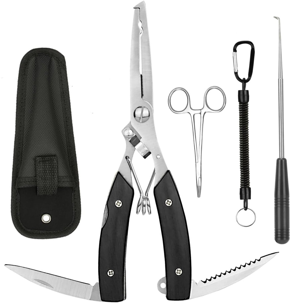 Dailygoods- Hengelaccessoireset 5 Stuks - Multifunctionele Hengeltang - Haakverwijderaar - Gebogen Tang - Roestvrij Staal - Antislip Handgreep - Vissersgereedschap
