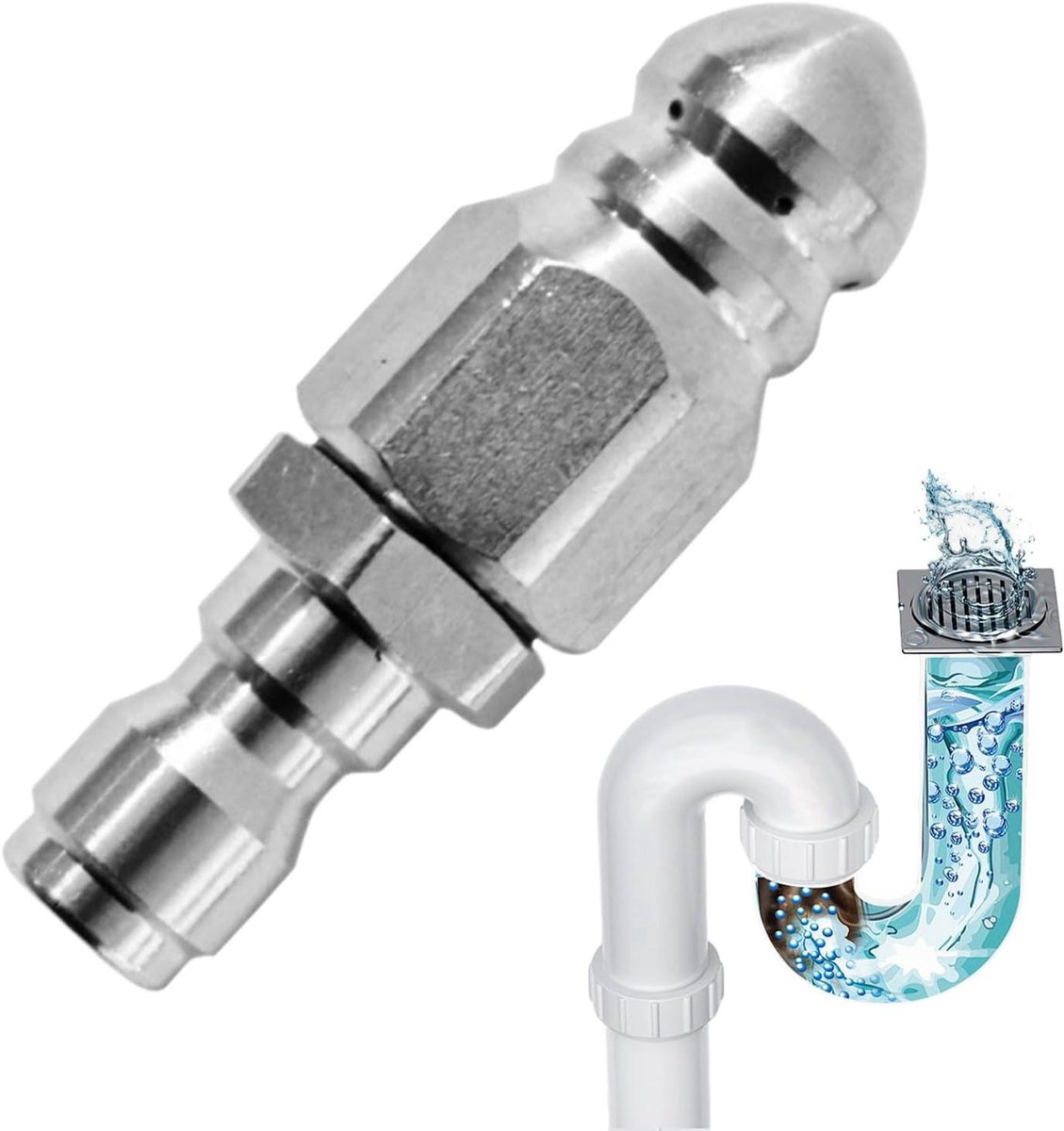Afvoersproeimondstuk - Rioolreiniger Opzetstuk - Verstoppingen Verwijderen - Roestvrij Staal - 1/4 Inch - Zilverkleurig