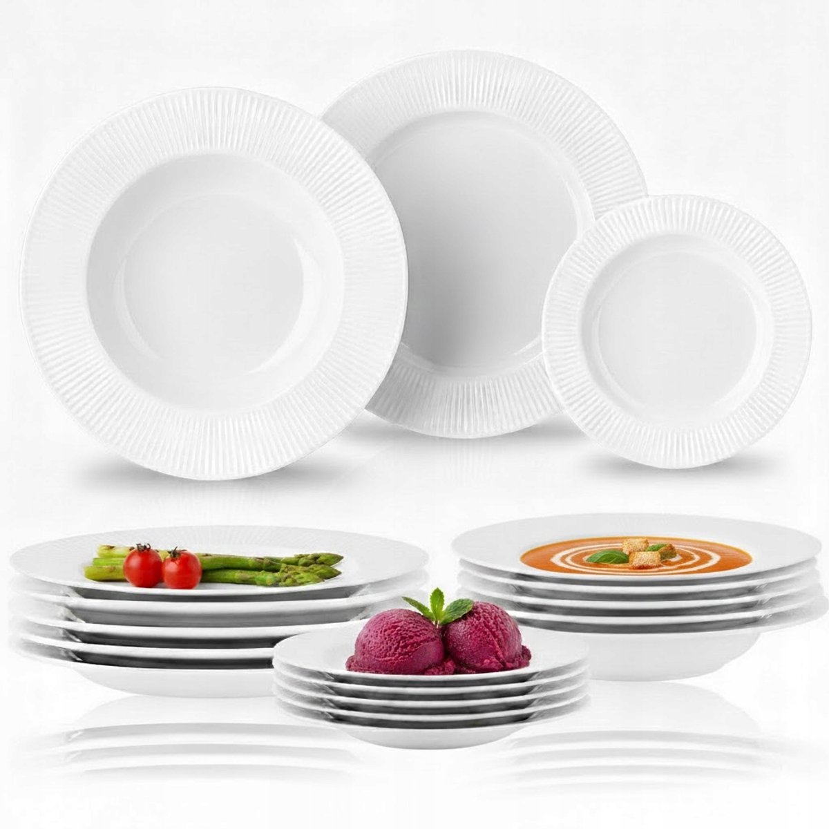 Eetset 18-delig voor 6 personen, geribbeld opaalglas, wit