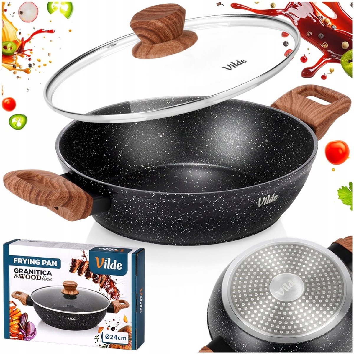 Vilde Granitische Diepe Koekenpan met Deksel - 24 cm, 2.2L