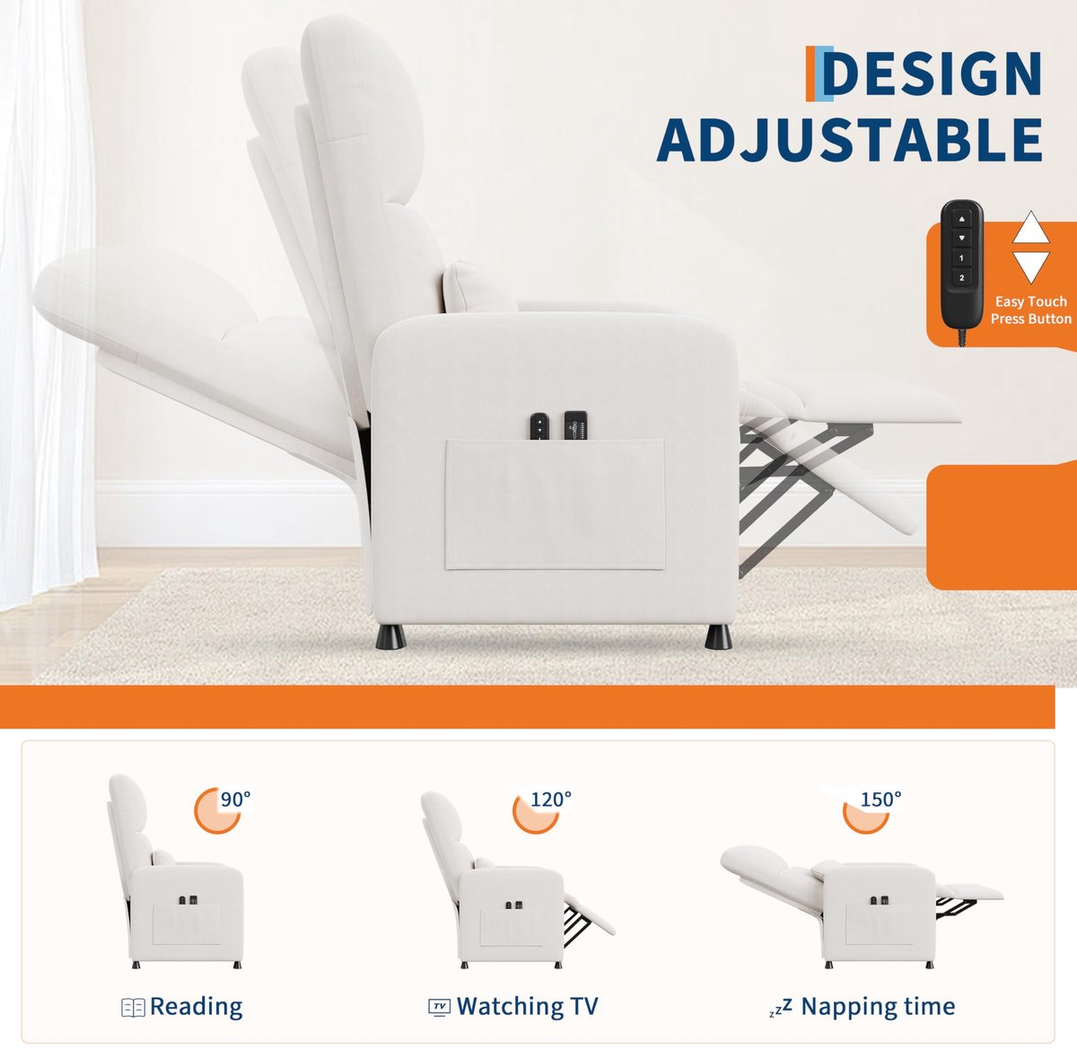 Relaxstoel Massagestoel Elektrisch, Verstelbare TV Fauteuil met Ligfunctie, Massage en Verwarming, Enkel Zitbank, Voor Woonkamer, Slaapkamer, Leeshoek, Wit – foto 4