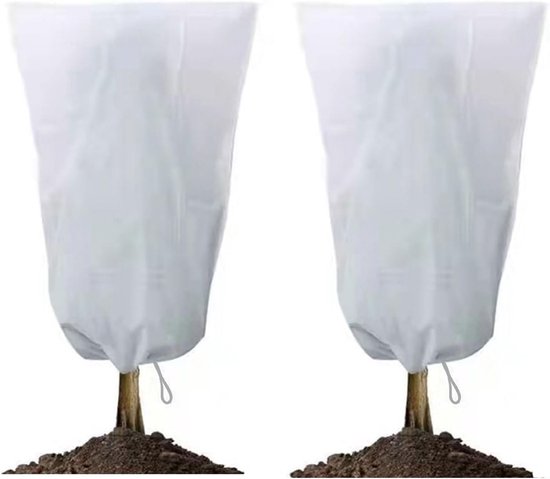 Twee witte, niet-geweven plantenhoezen met trekkoord, bedekken de onderkant van twee planten.