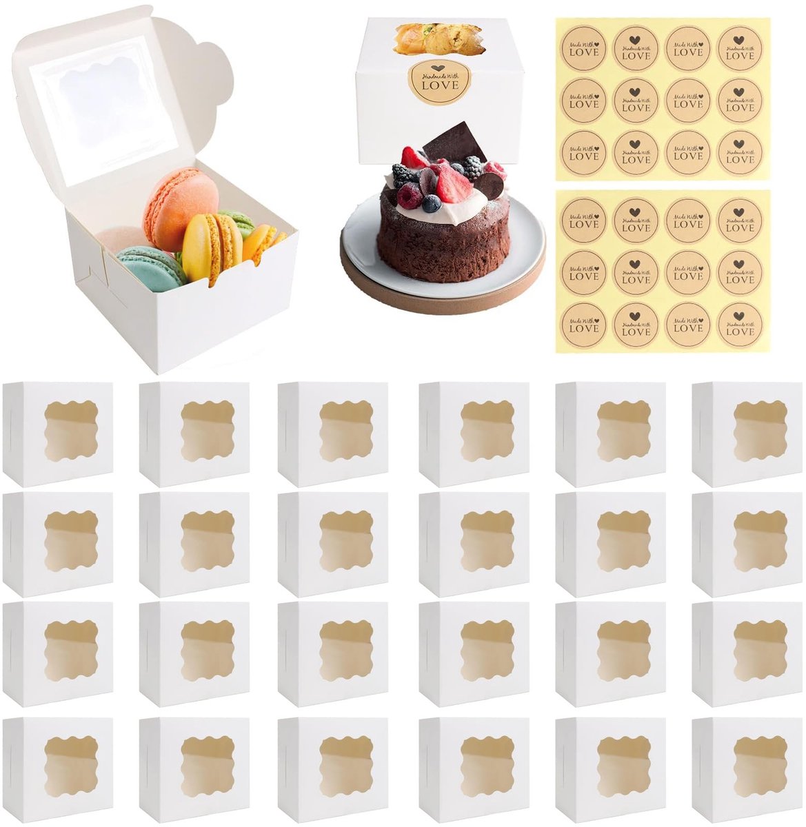 Dailygoods- Cupcake-dozen 24 stuks - Witte Dozen - Kraftpapier - Stevig Karton - Met Vensters - Inclusief Stickers - Taartdozen
