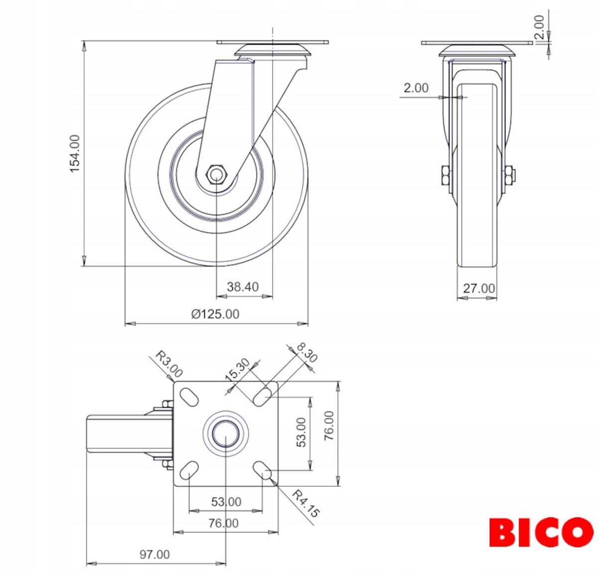 Zwenkbaar Wiel G Ø 125mm Kunststof/TPR - Zonder Rem