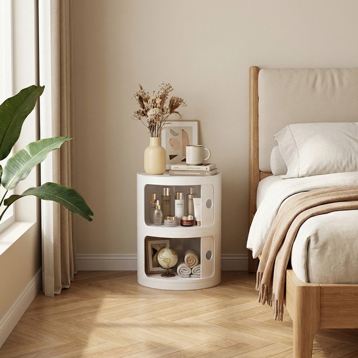 EGGREE Rond nachtkastje - Wit nachtkastje voor slaapkamer, woonkamer, badkamer en balkon - Opbergmeubel met 2 vakken - Ø 32 cm - ABS Bijzettafel