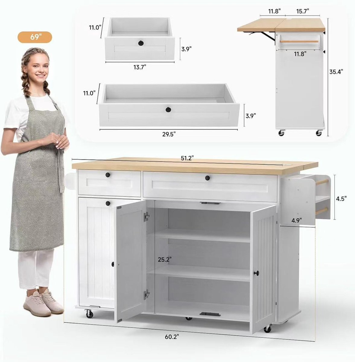 Keukeneiland op Wielen 140 cm - Keukentrolley met Inklapbaar Werkblad (Drop Leaf) - Ingebouwd Prullenbak Vak - Messenhouder & Kruidenrek - Bruin