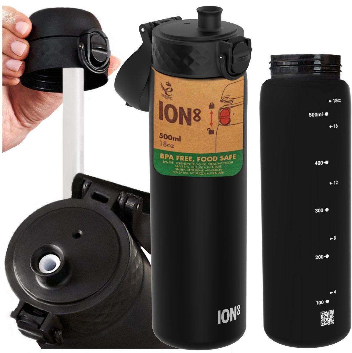 ION8 Sport Bidon 500ml met Rietje en Lekvrije Sluiting - Zwart