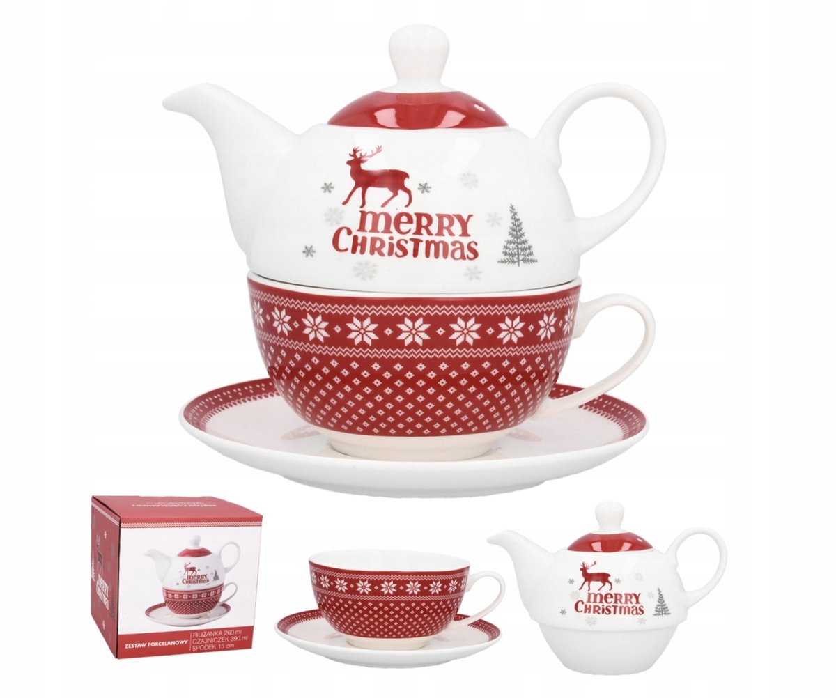 Elegante Porseleinen Theeservies Set - Theepot, Kopje, Schotel - Kerst