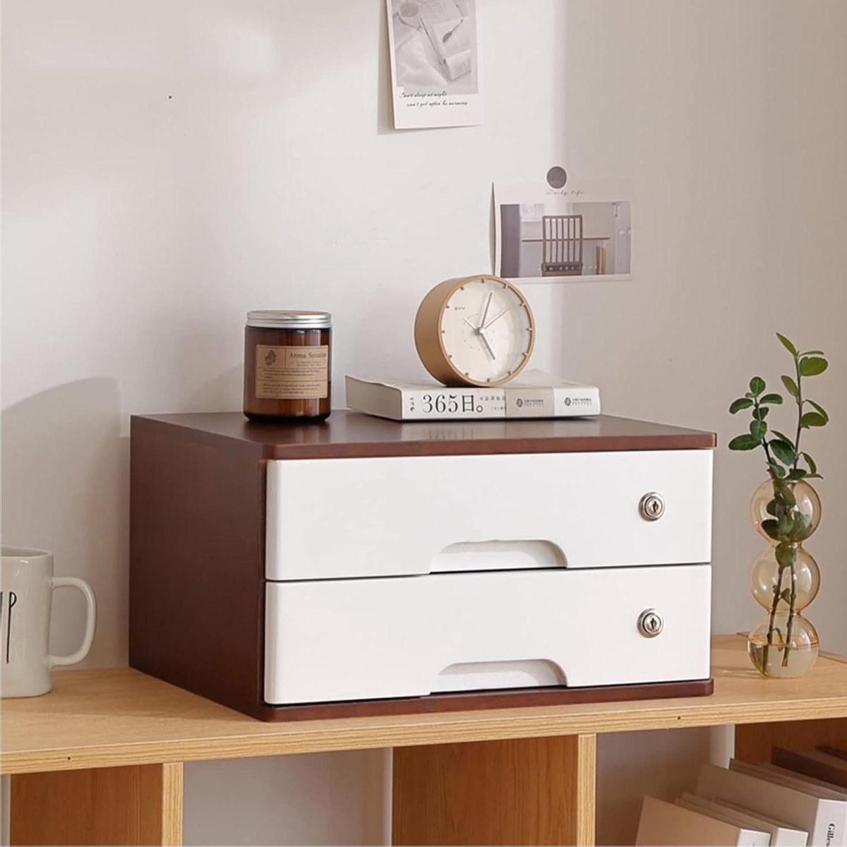 Bureau Opberger - Ladeblok Hout - Documenten Sorteren - Afsluitbare Lades - 40x28x22cm - Houtkleur