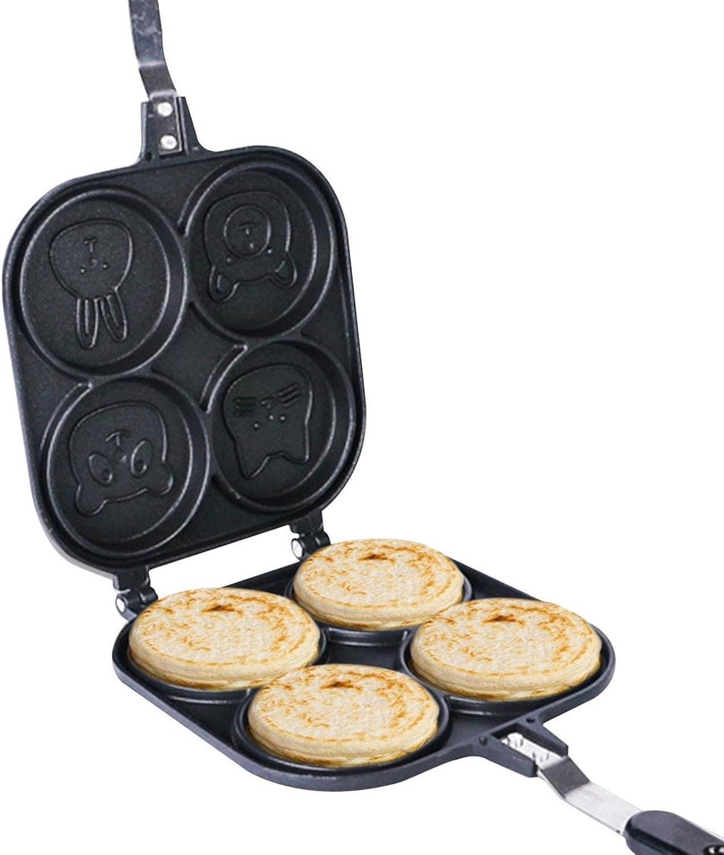 Pannenkoekenpan - Eierpan met dieren - Ontbijt maken - Antiaanbaklaag - 4 gaten - Zwart
