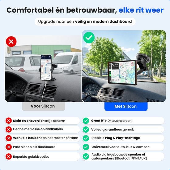 Vergelijking van dashboard: Siltcon's 9 inch HD touchscreen met draadloze, plug & play montage vs. een klein, onstabiel mobiel scherm.