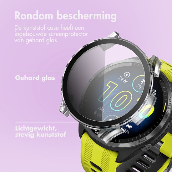 Zwarte Garmin Forerunner 965 met felgeel bandje, voorzien van een doorzichtige beschermhoes met ingebouwd glas.