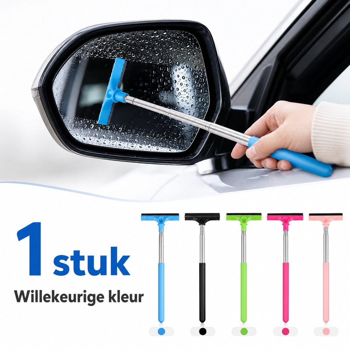 Autospiegelwisser Uitschuifbaar – 1 Stuk – Telescopische Spiegelwisser 20-68 cm – Roestvrij Staal – Willekeurige Kleur
