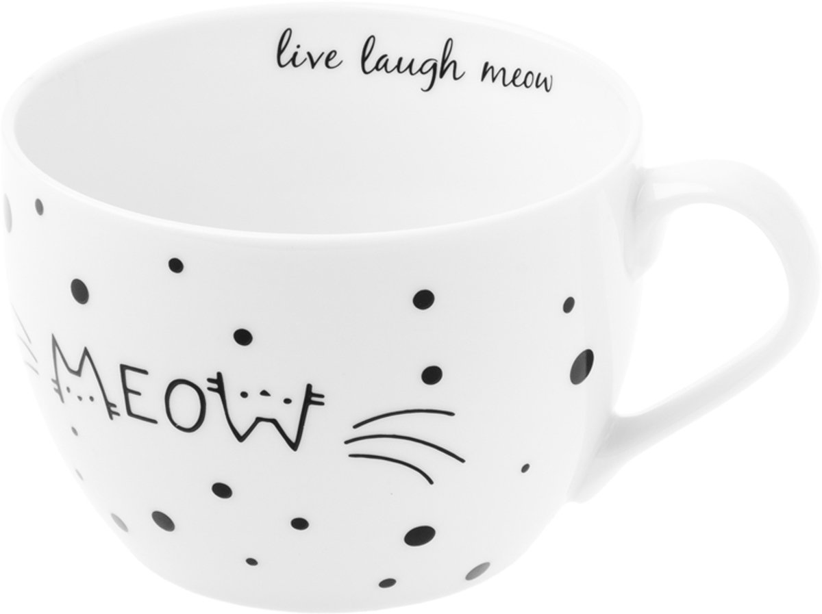 MEOW Porseleinen Mok 500 ml - Wit met Stippen en Kattenprint