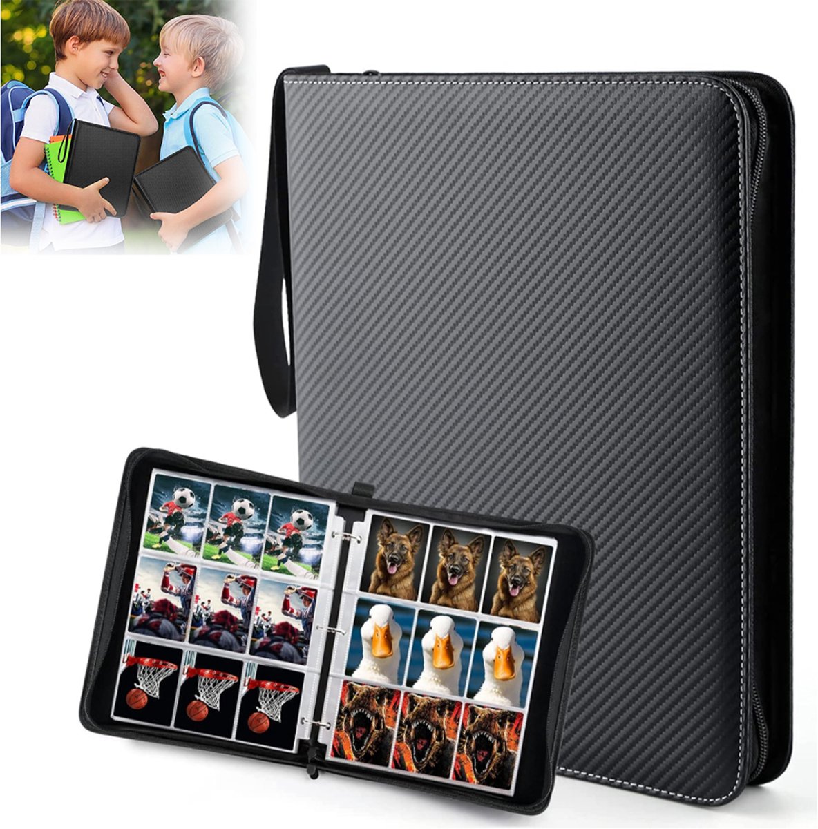 Kaartalbum met keperstof en mesh-patroon - Waterdicht PU-leren kaartalbum - Geschikt voor voetbal-/honkbalkaarten - Premium kaartalbum met ritssluiting - 9 kaartsleuven - 50 transparante binnenpagina's (geschikt voor 900 kaarten) - Zwart