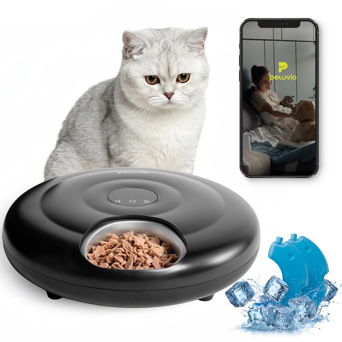 Peluvio Nube Nattevoerautomaat voor Katten – Slimme Voerdispenser met Koelsysteem – 6x150 ml Porties – Anti-Jam Technologie – 4000 mAh Noodaccu – App & Handmatige Bediening – Roestvrijstalen Tray – USB-C – Child Lock – Voor Katten en Kleine Honden