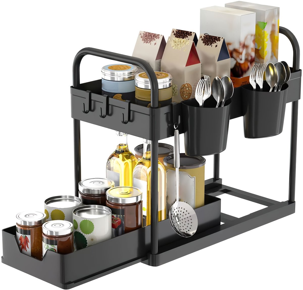 2-Laags Ondergootsteen Opbergrek – Keuken & Badkamer Organizer met Haken en Bekers – Zwart
