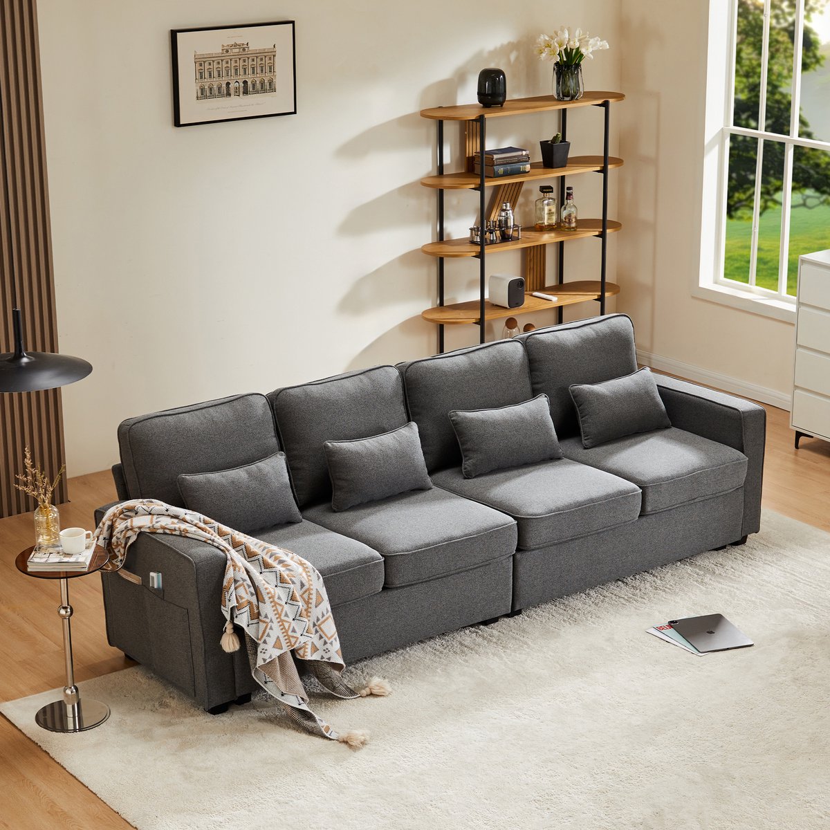 Wishdor - 4-Zits Bank - Hoge Rugleuning En Opbergtassen - Modern Design - Voor Woonkamer Of Kantoor - Linnen Stof - Donkergrijs - 264 X 83 X 87 Cm