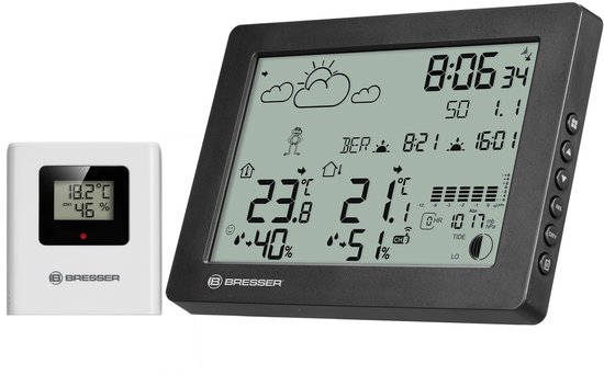 Zwart weerstation met een witte thermo-hygrosensor. Het display van het weerstation toont tijd, datum en weer.