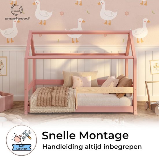 Huisbed met Uitvalbeveiliging - Kinderbed Huisje - Veilig Slapen - Massief Grenenhout - 90x190 cm - Roze — afbeelding 2