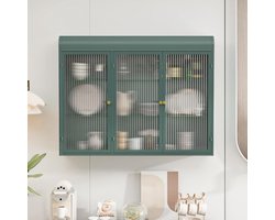 Bladez Wall Cabinet with 3 Doors and Glass Front, Arched Wall Cabinet for Kitchen, Bathroom and Living Room, Black (Dark Green + Glass + Metal)