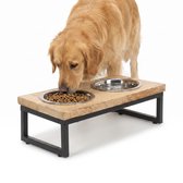 Verhoogde Hondenbak L – Dubbele Voerbak voor Grote Honden zoals Australian Shepherd – RVS – Hout – Antislip – 50x27x16 cm – 2x 1,7L