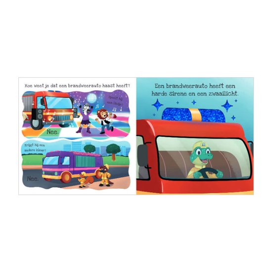 Illustraties van dieren in en rondom een brandweerauto en een paarse bus.