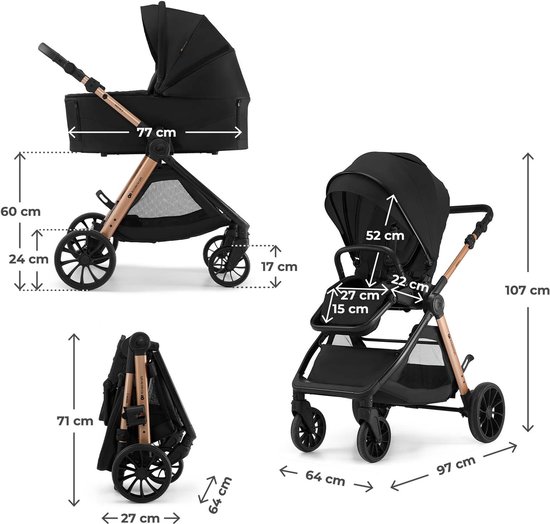 Kinderkraft VESTO 2 - 3-in-1 kinderwagen - MINK PRO 2 autostoel + adapters - Omkeerbare zitting - Reiswieg EN1466 - Zwart van Kinderkraft — afbeelding 2