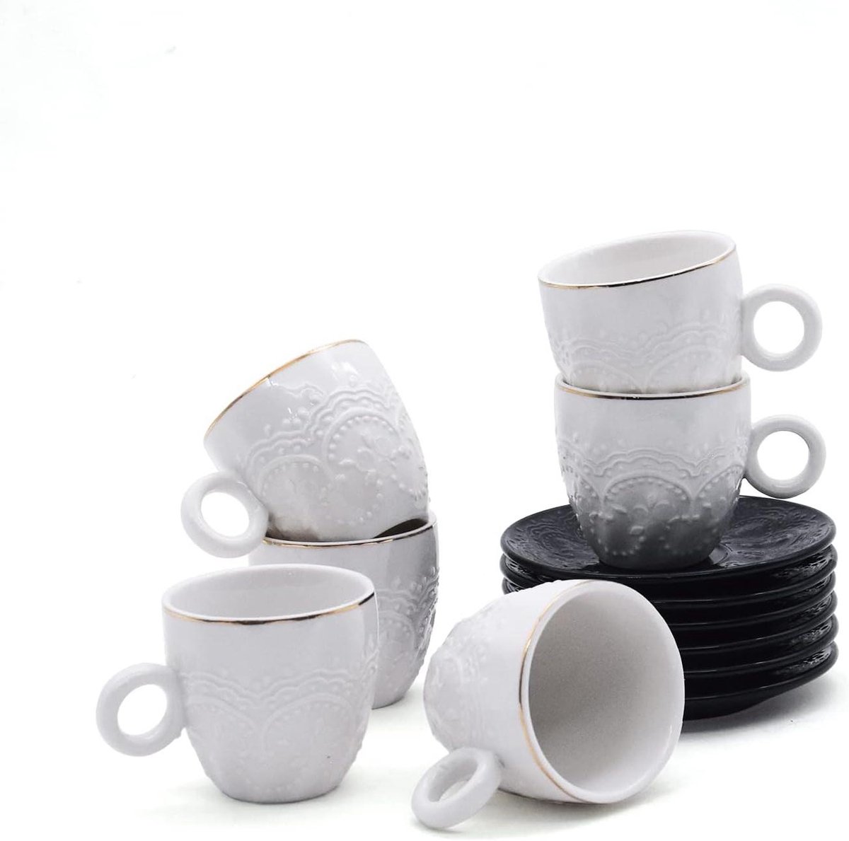 Espressokopjes met Schotels - Koffiekopjes Theekopjes - Koffie Serveren - Reliëf met Gouden Rand - 80 ml - Wit