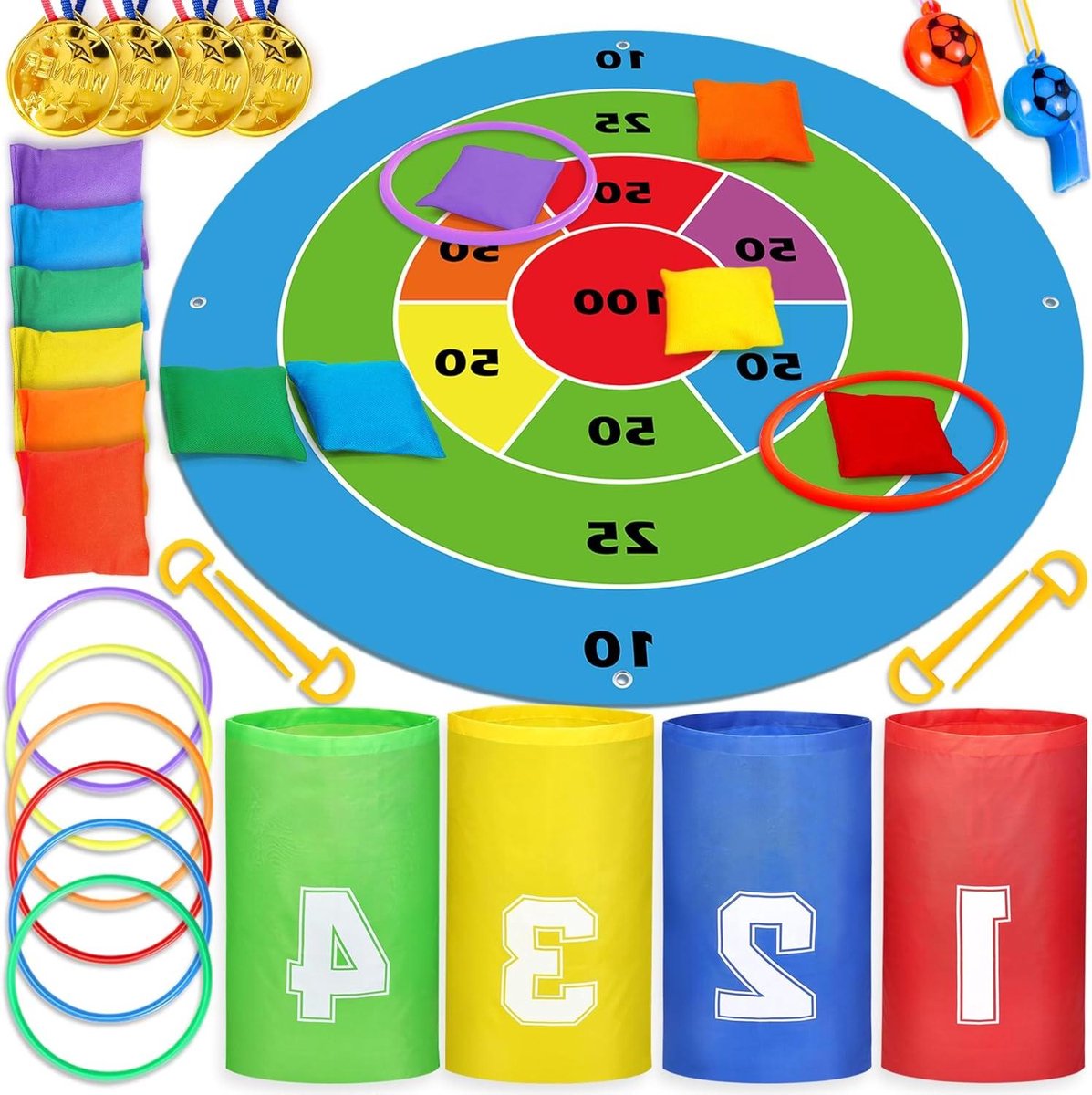 Outdoor Spelletjes Set - Sportdag Combinatie - Buiten Plezier - 23 Delige Set - 4 Zakken 6 Ringen - Meerkleurig