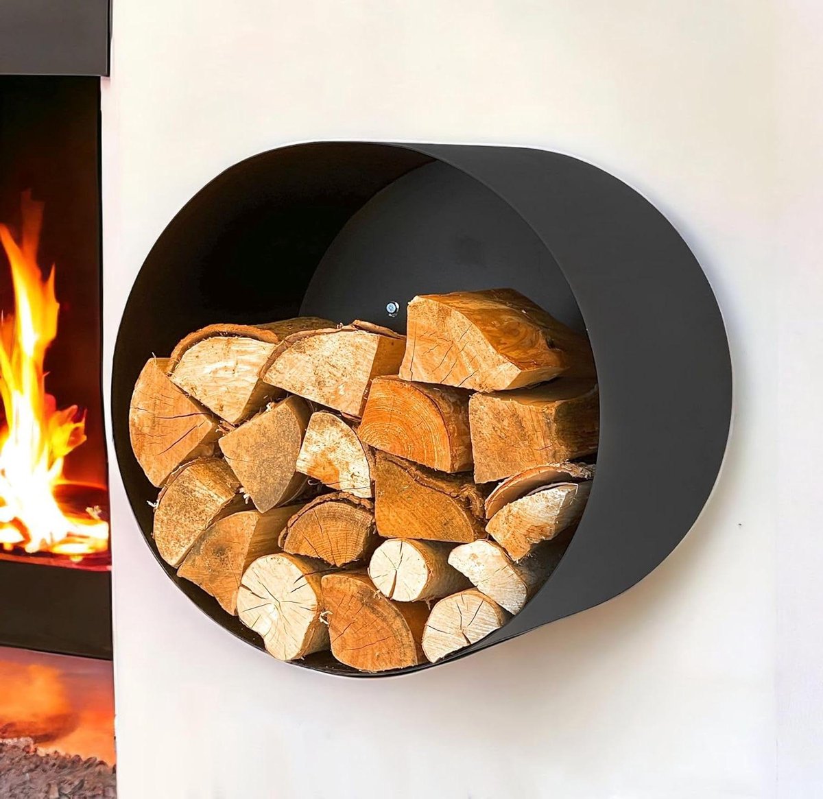 Haardhoutrek Rond - Houtmand Wand - Haardhout Opslag - Ruimtebesparend Ontwerp - 50 cm Hoog - Zwart