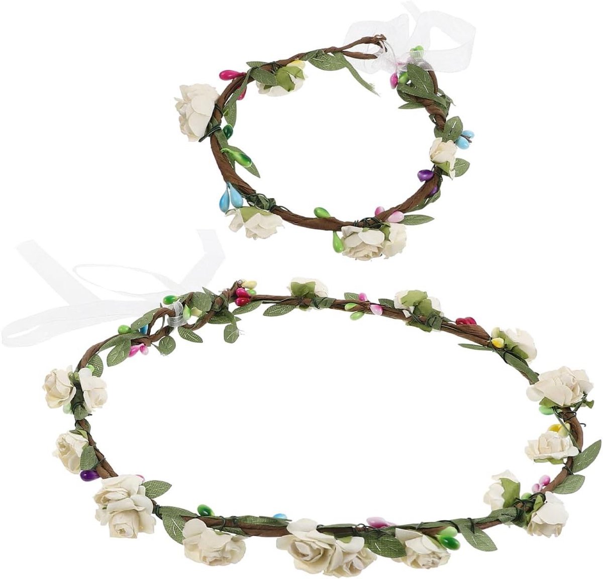 Bloemenkrans Haarband - Bloemenhoofdband Armband - Feestelijk Accessoire - Verstelbaar Design - 2 Stuks - Wit