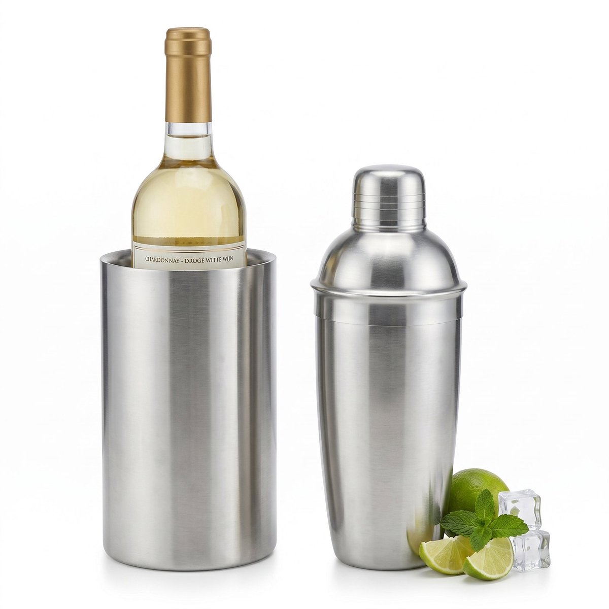 Lomera Cocktailshaker Set van 2 - Barset - Wijnkoeler en Cocktail Shaker - RVS - Roestvrijstaal - Cocktailset - Champagnekoeler - Flessenkoeler - Drankkoeler - Bar Shaker - Bar Set - Cocktail Maker - Mixer - Drank Shaker