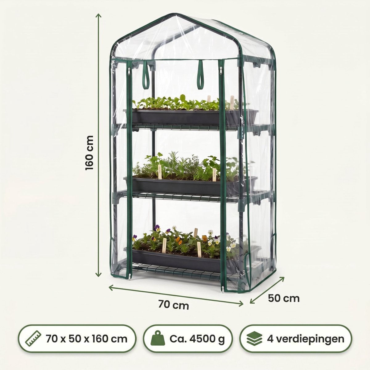 Lomera Broeikas - Kweekkas - 4 Verdiepingen - Foliekas - Serre - Mini Serre - Tuinkas - Plantenkas voor Balkon - Groenten Kweken - Tuin en Terras - Metalen Frame - Bloemenkas - Kruiden Kweken - Kweektent - Moestuin - Zaailingen – foto 3