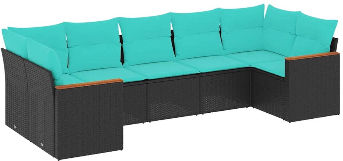 vidaXL - 7-delige - tuinbankset - met - kussens - van - zwart - polyrotan
