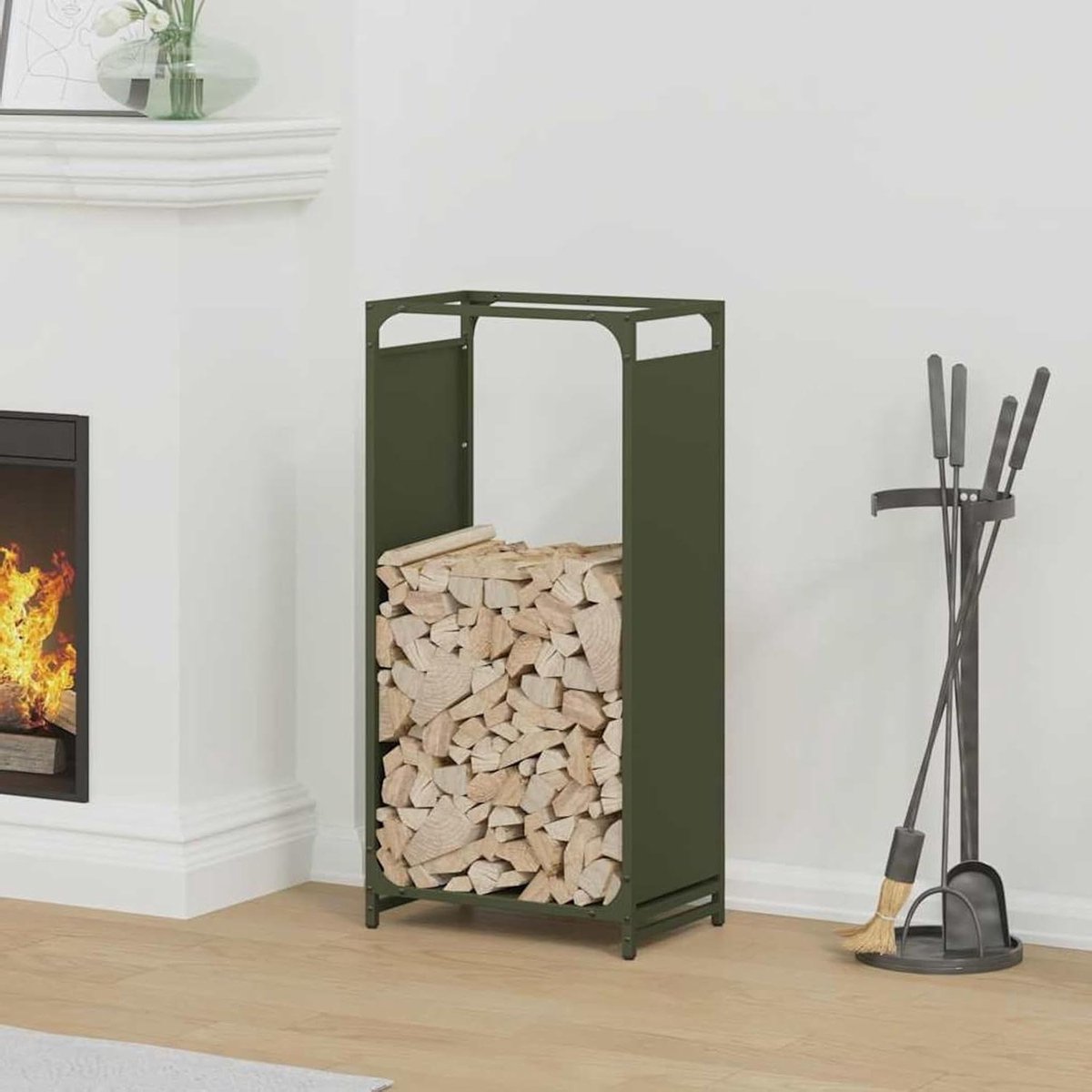 Gecheer 864210 Brandhoutrek olijfgroen, 44 x 28 x 90 cm, koudgewalst staal, haardhoutrek voor binnen en buiten, kampvuur, camping, reizen