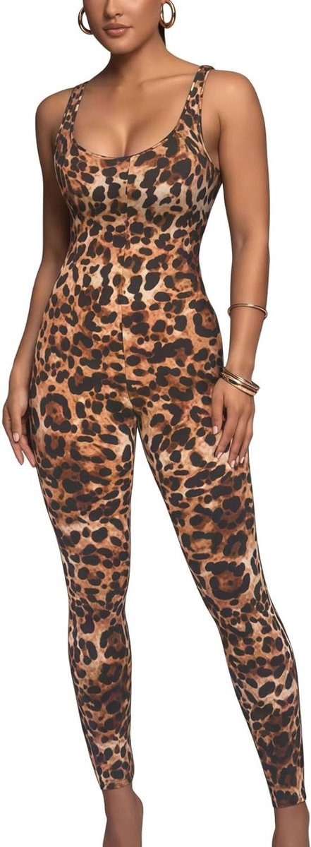 Leopardprint Dames Jumpsuit zonder Mouwen met U-Hals en Smalle Bandjes voor Feestjes en Sportieve Activiteiten