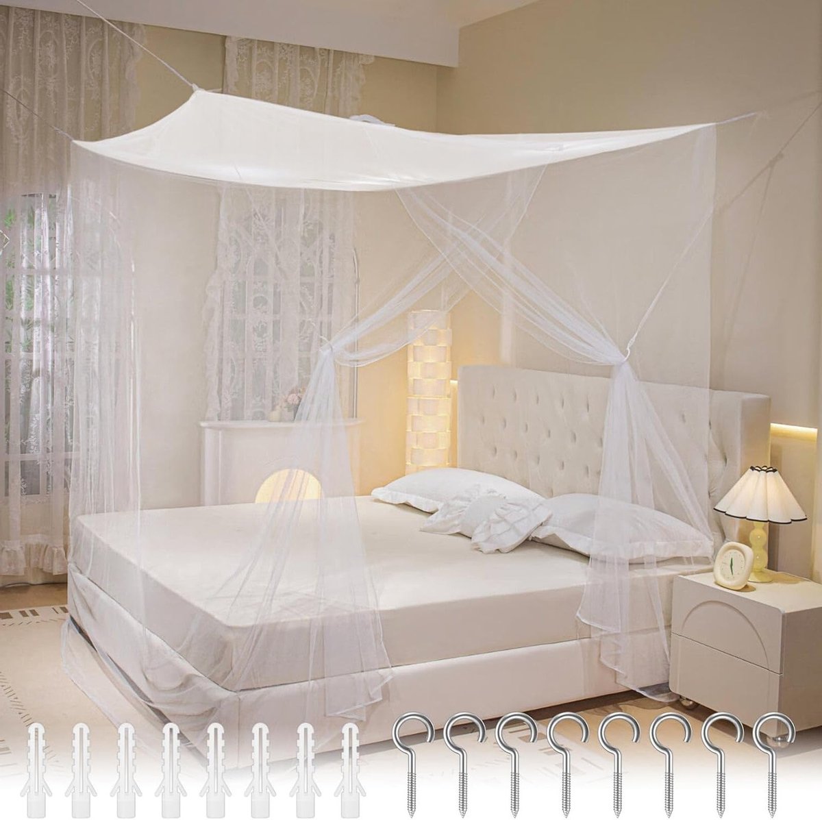 Dubbele en enkele bedden muggennet, wit polyester, draagbaar met ophangset, ideaal voor reizen en thuisgebruik, 200 x 180 x 165 cm, bescherming tegen insecten