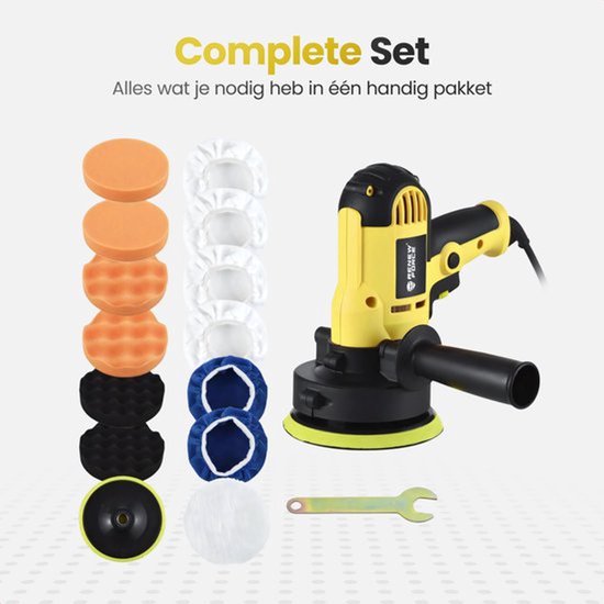 Gele polijstmachine met een complete set accessoires, waaronder polijstschijven en beschermhoezen.