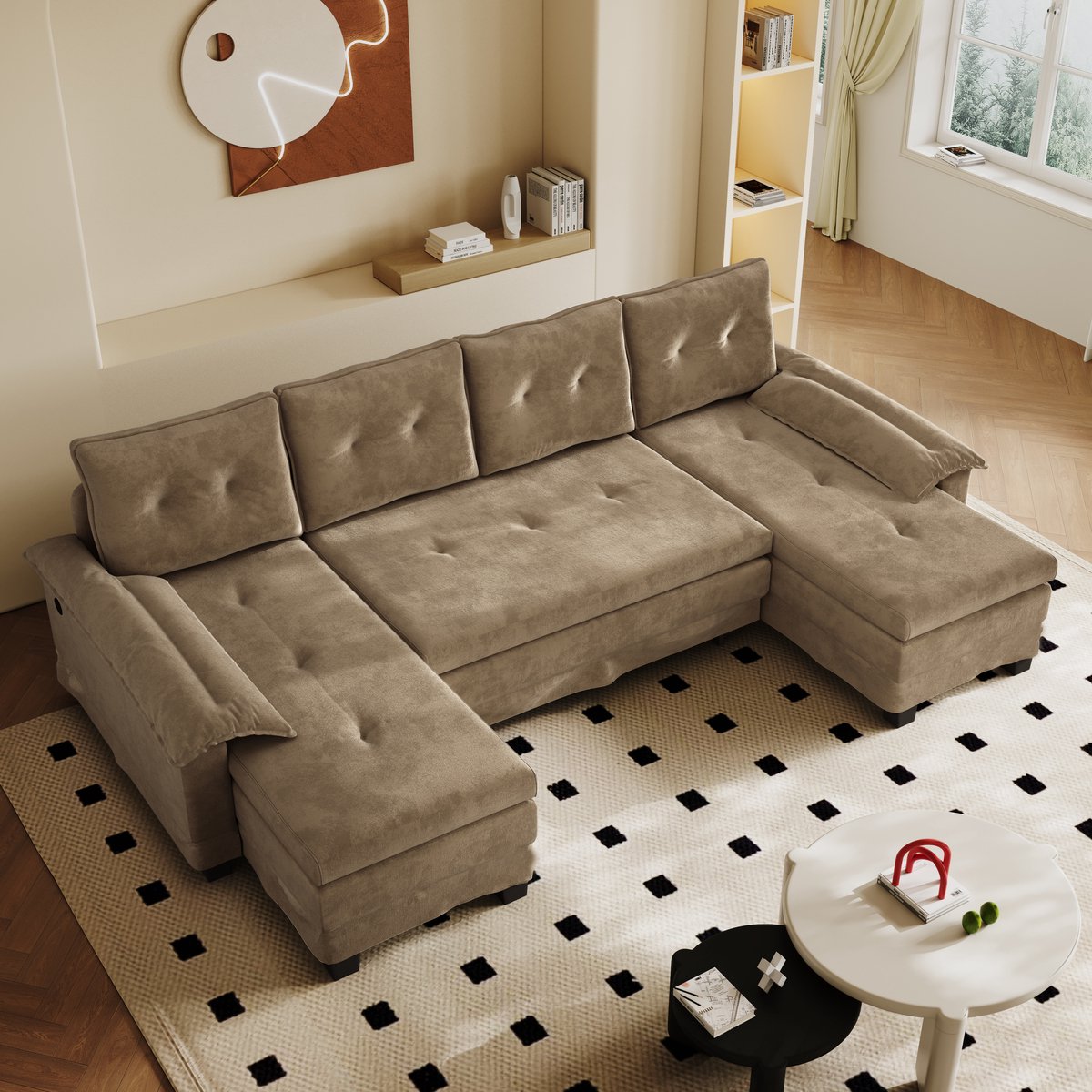 MODFU - U-Vormige Slaapbank - Uitschuifbaar Bed En USB-Laadfunctie - Modern - Woonkamer - Chenille - Khaki - 278 Cm