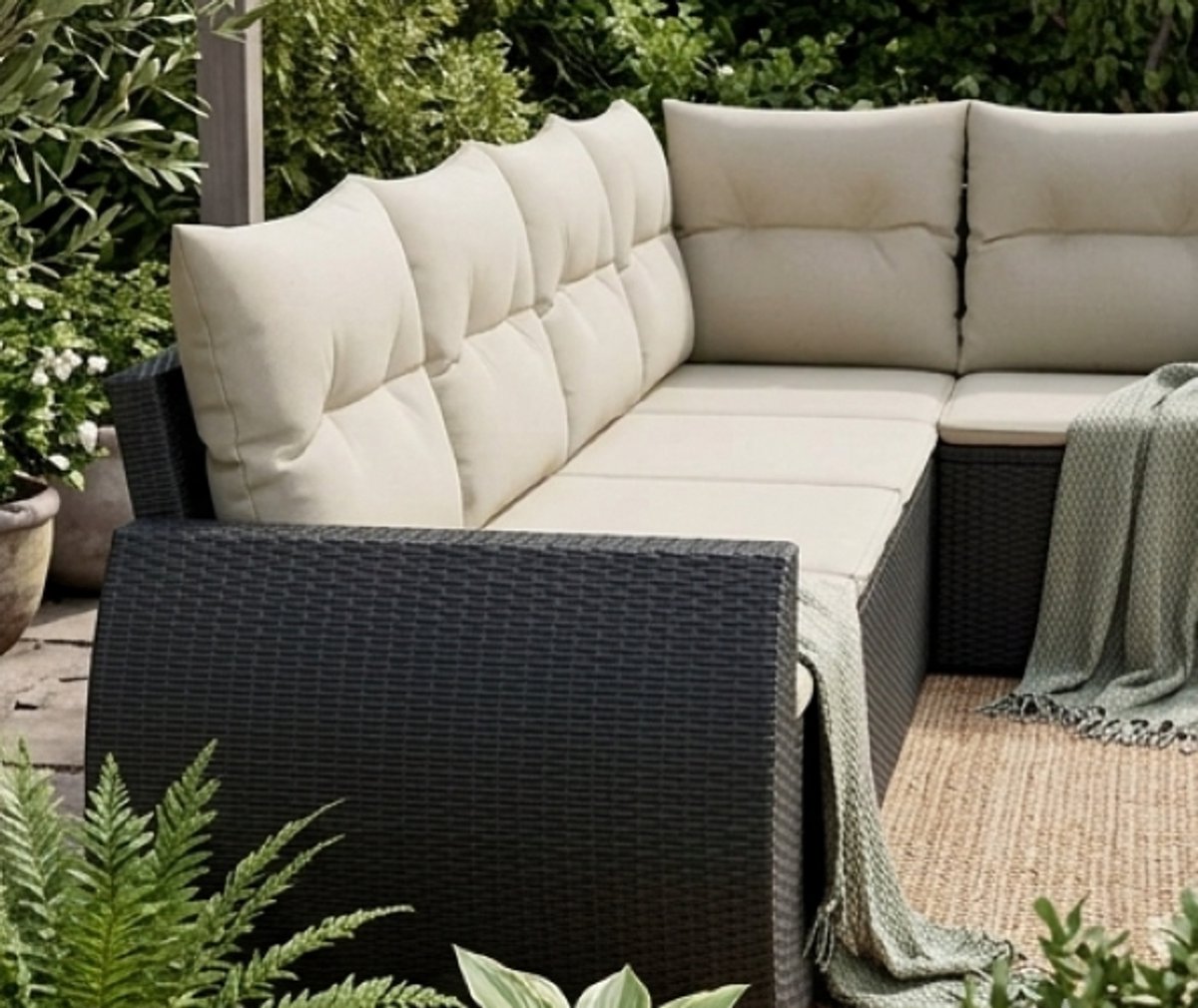 Milano Luxe 6-Delige Modulaire Tuinbankset – Zwart/Crème Polyrotan Lounge Set met Dikke Kussens – Weerbestendige Hoekbank voor Tuin, Balkon en Terras – Outdoor Loungeset met Flexibele Opstelling IndustroHome
