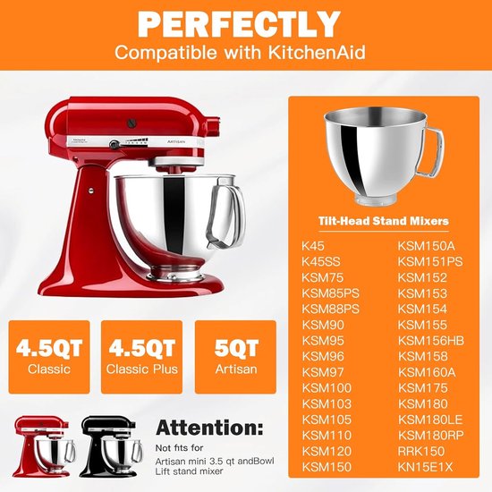 Roestvrijstalen kom voor 4.5-5 Quart keukenmachines, met handvat, geschikt voor Classic en Artisan modellen, ideaal als keukenaccessoire en voor het bereiden van gerechten — afbeelding 4