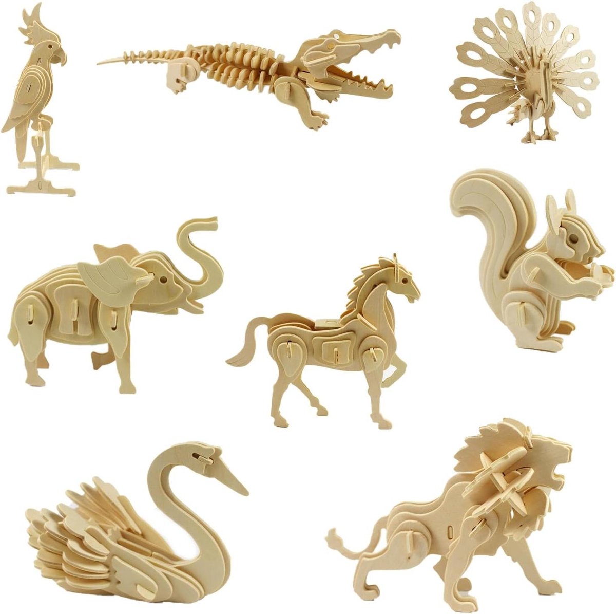 Houten 3D-puzzel - Dierenpuzzel set - Creatief bouwen - Lasergesneden onderdelen - 8 stuks - Natuurlijk hout