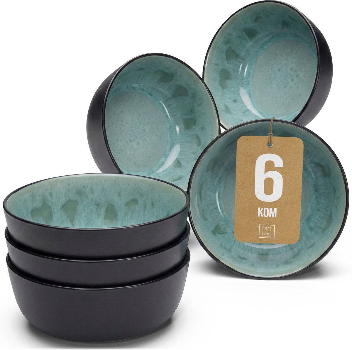 Pure Living Set Van 6 Kommen - 700ml - Saliegroen - Aardewerk - Vaatwasserbestendig - Magnetronbestendig - Ibiza Dark