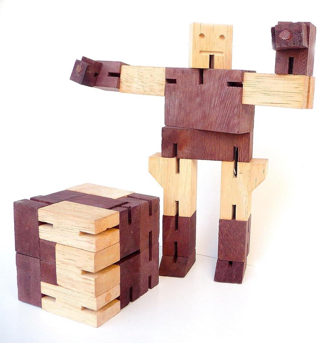 Houten Puzzel - 3D Hersenbreker - Logisch Denken - Retro Robot Thema - 6x6x6 cm - Houtkleur
